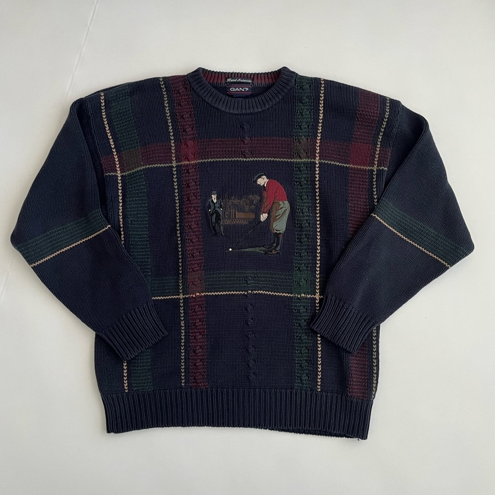 Gant men’s vintage navy plaid cotton crew neck golf sweater